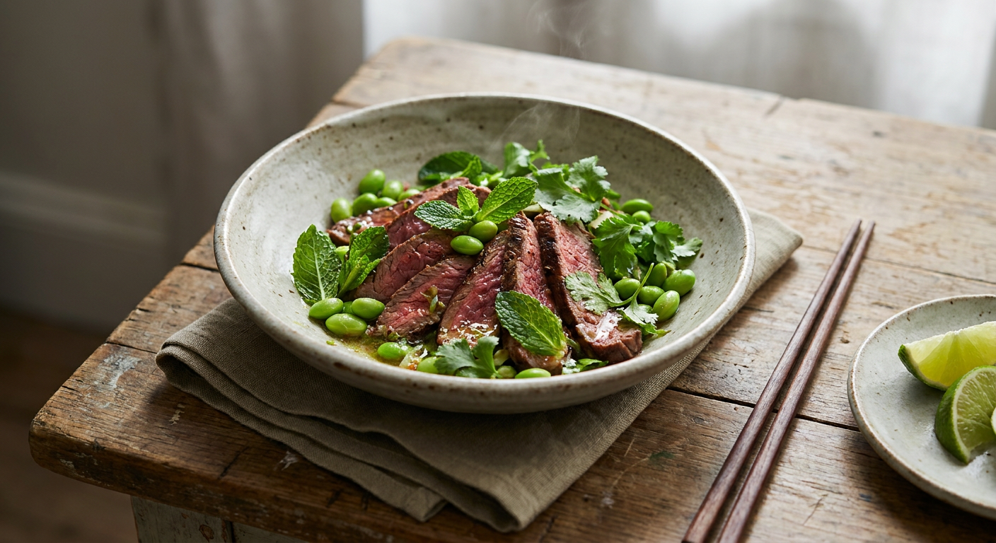 Asiatisk biffsallad med sesamdressade sojabönor och lime