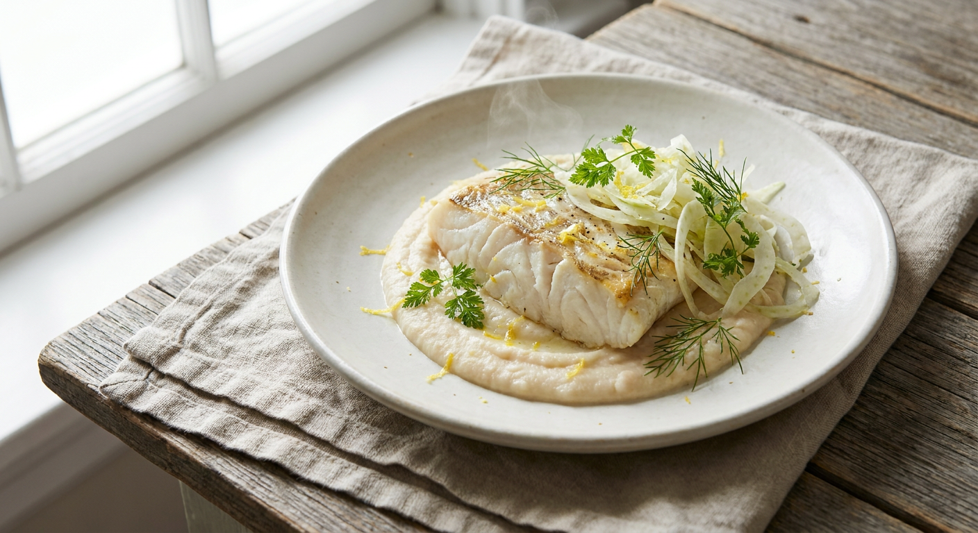 Citronbakad hälleflundra med örtig bönpuré och fänkål
