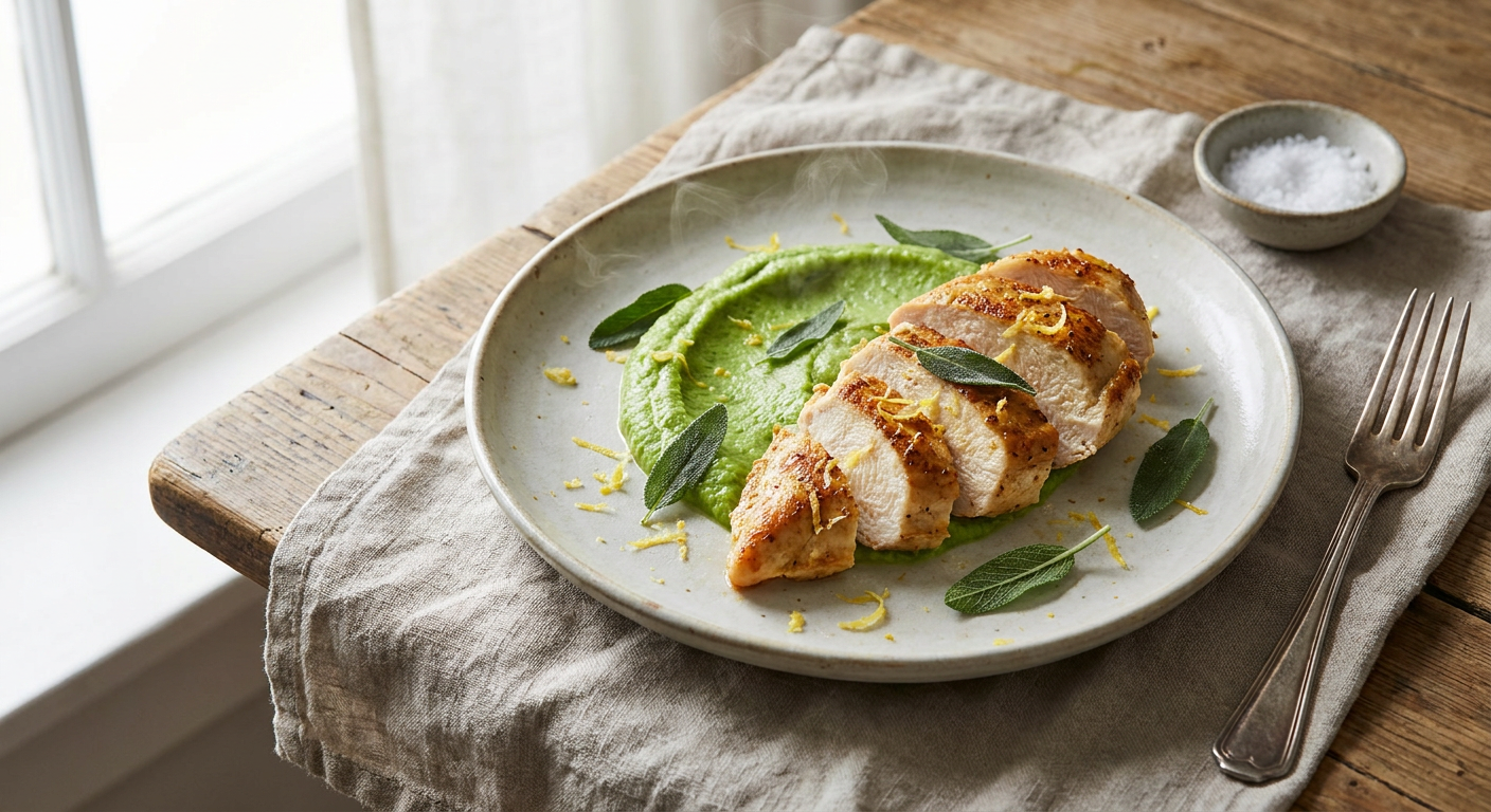 Citronstekt kycklingbröst med krämig broccolipuré och salvia