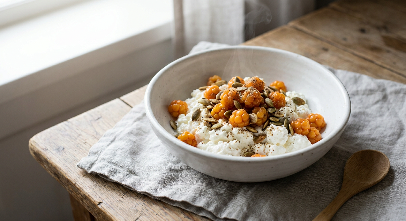 Krämig kesobowl med varma hjortron och kardemummakrisp