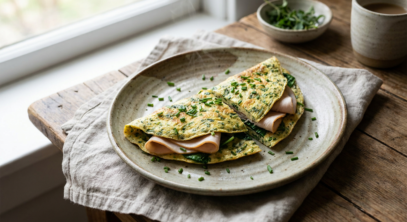 Kryddig omelettrulle med rökt kalkon och krämig färskost