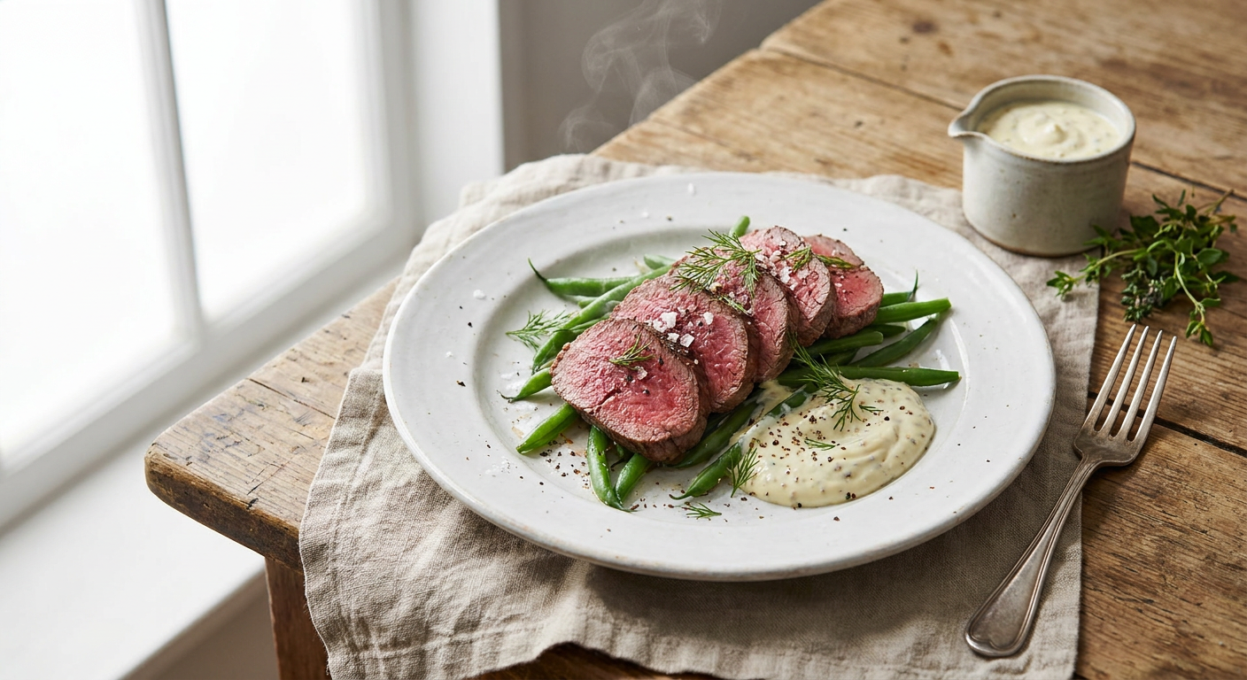 Kryddstekt oxfilé med ljummen haricots verts och senapskvarg