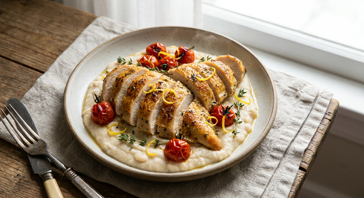 Örtbakad kycklingfilé med citronkrämig bönpuré