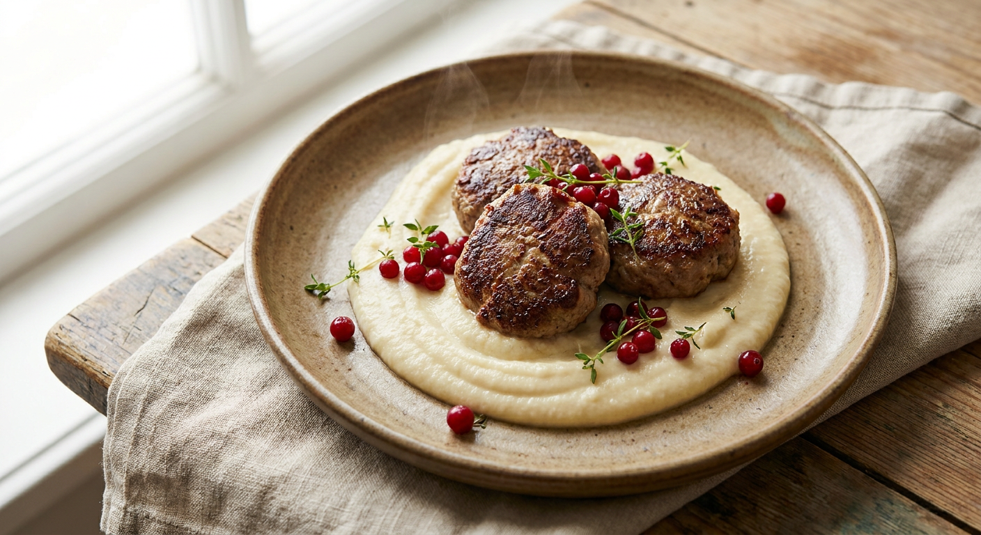 Örtstekt kalvfärsbiff med krämig selleripuré och rårörda lingon