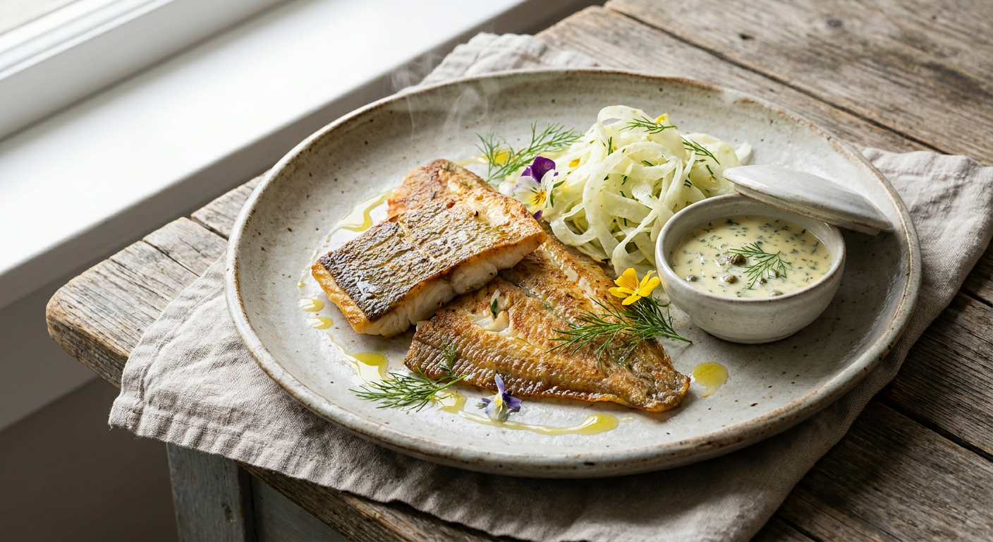 Pannstekt bergtunga med krämig fänkålssallad och citronkvarg