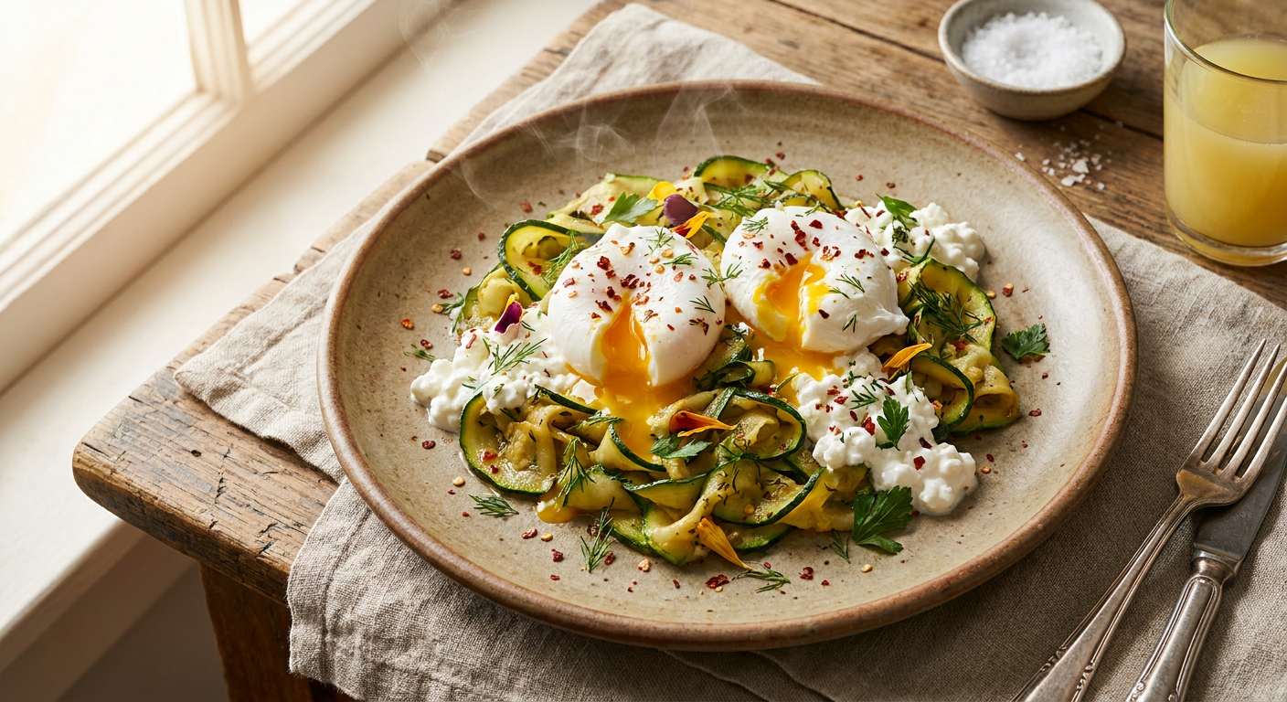 Pocherade ägg på bädd av krämig keso och rostad zucchini