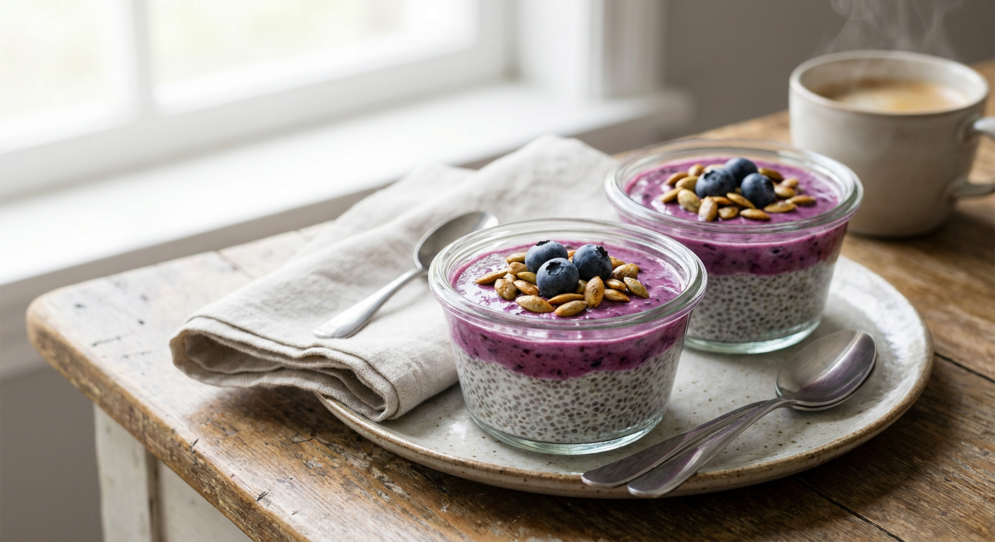 Proteinrik chiapudding med blåbärskvarg och pumpakärnor