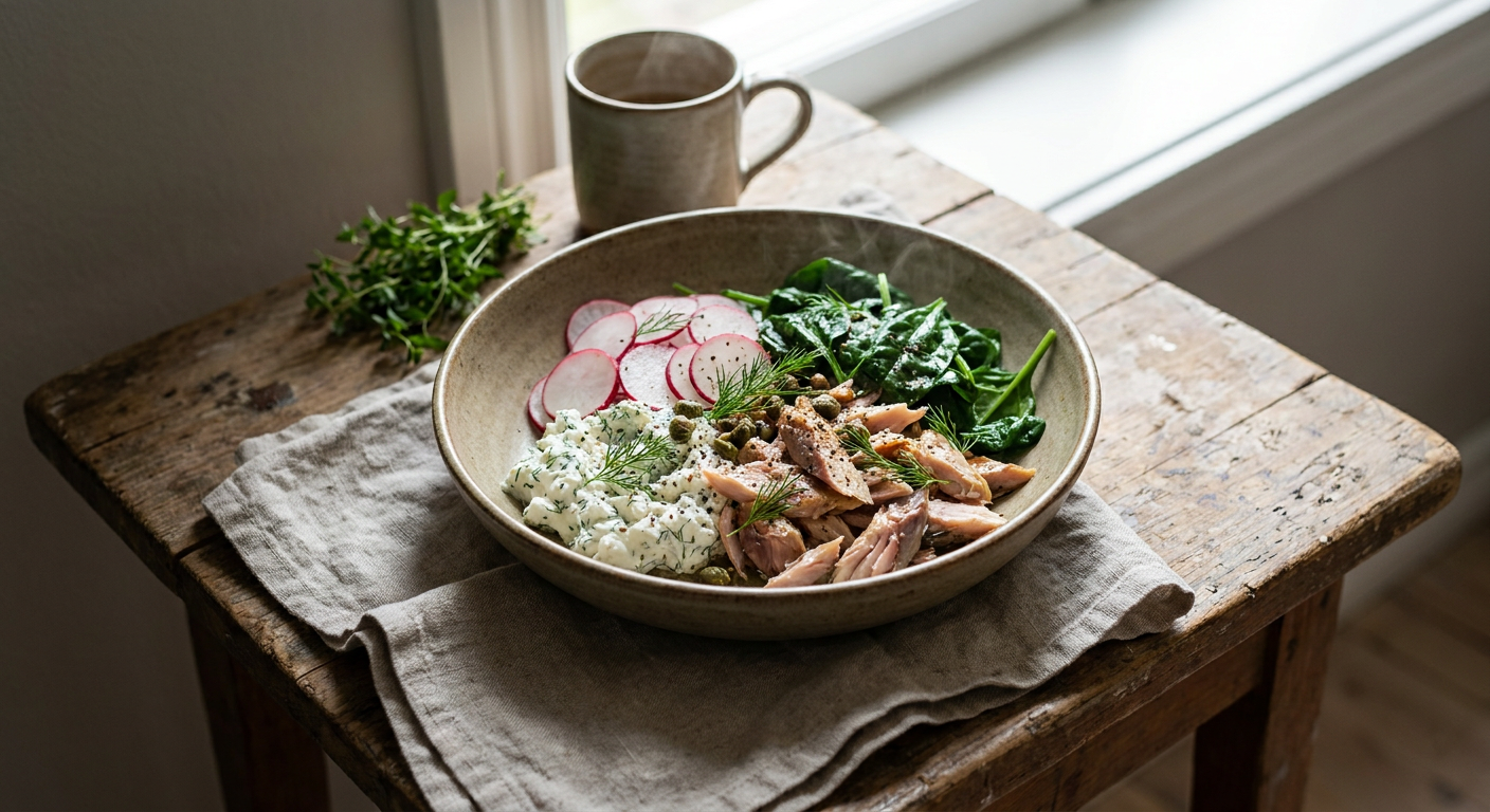 Rökt makrill med krämig pepparrotskeso och hyvlad rädisa