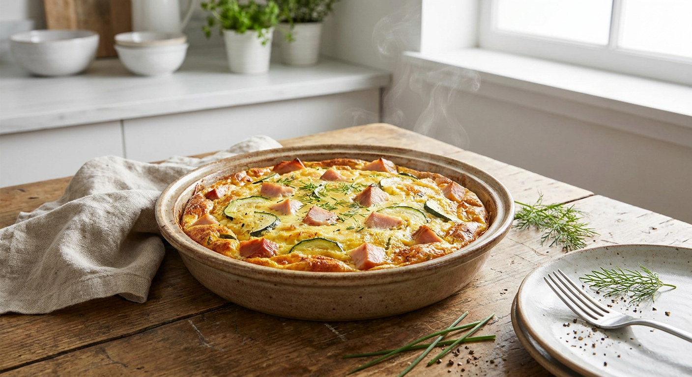 Ugnsbakad frukostfrittata med rökt kalkon och riven zucchini