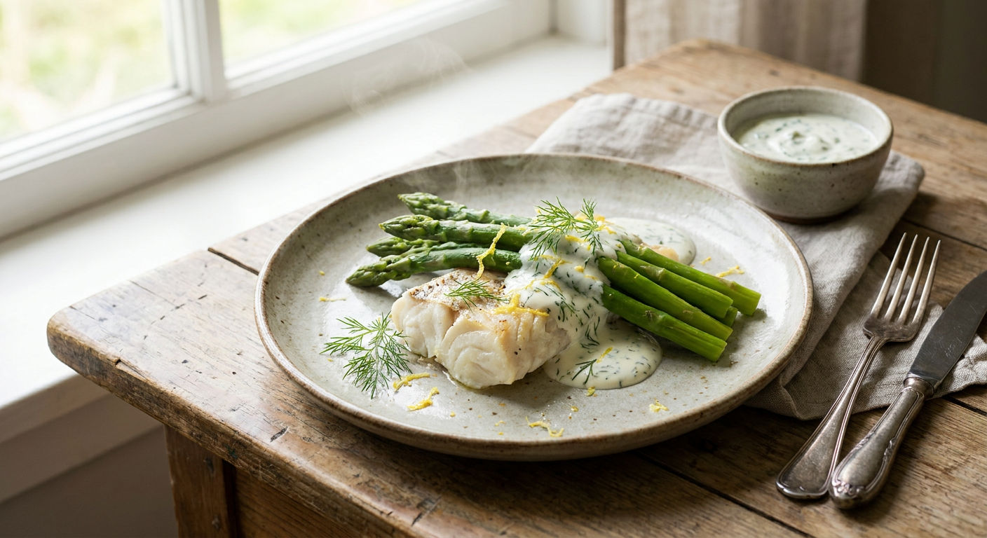 Ugnsbakad torskrygg med citrondillkvarg och sparris
