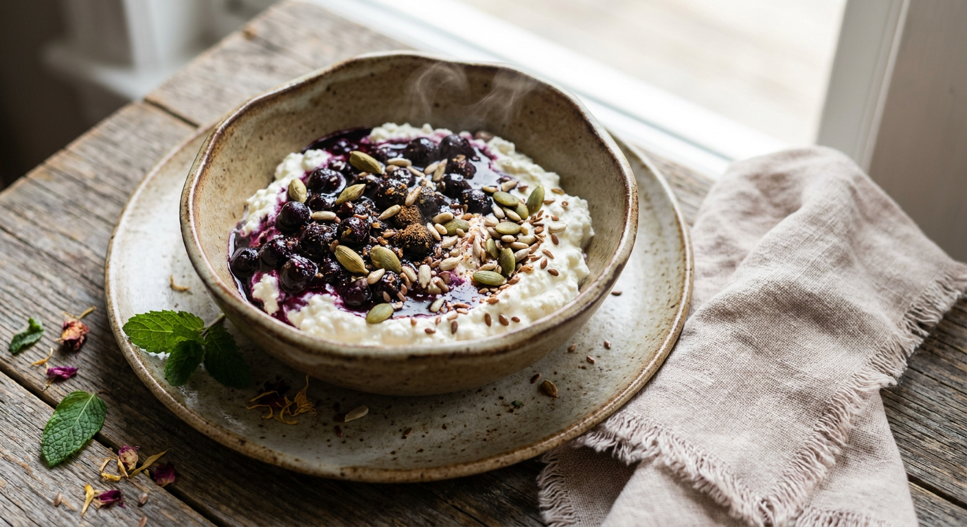 Vispad kesokräm med kardemummakokta blåbär och rostade frön